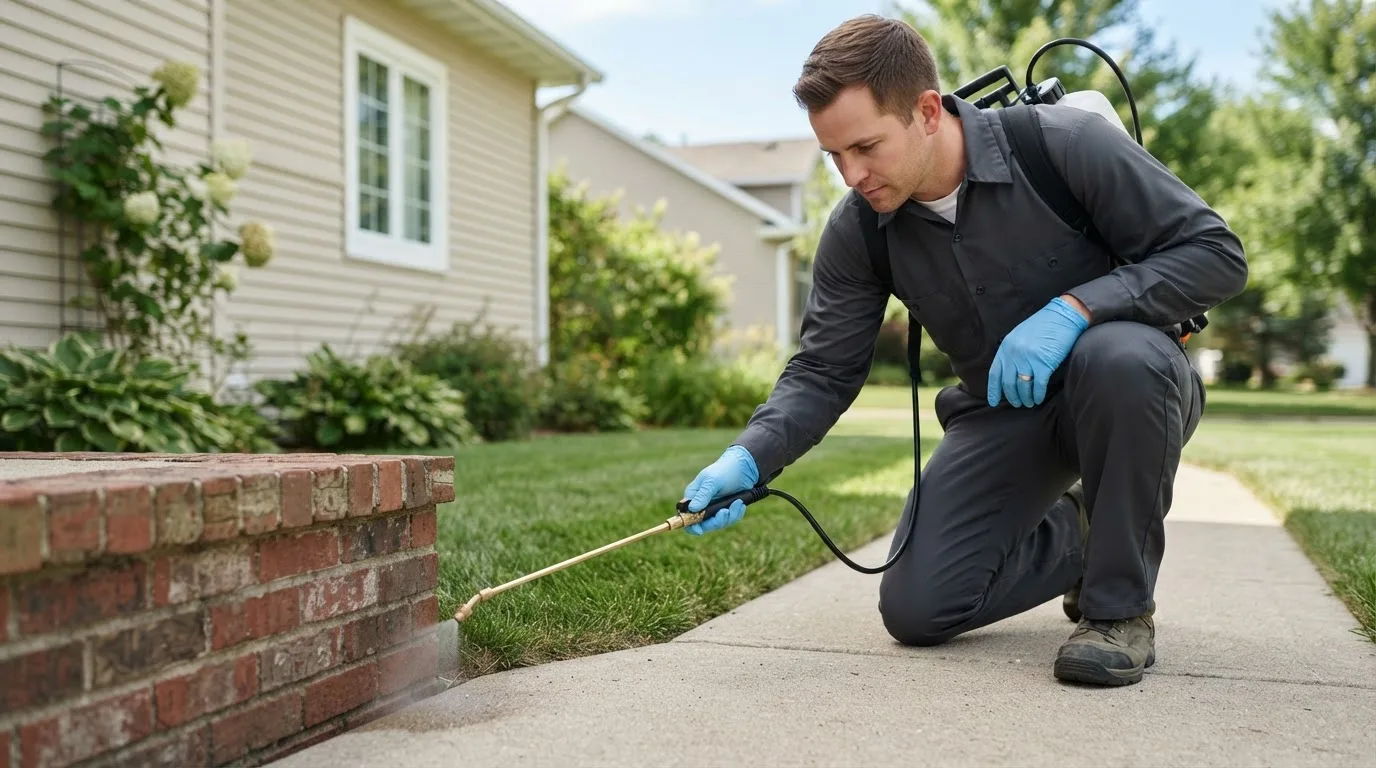 Pest control technician treating a home near Monongahela, PA